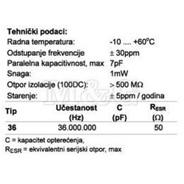 Slika za QUARZE KRISTAL HC49/U 36 MHz